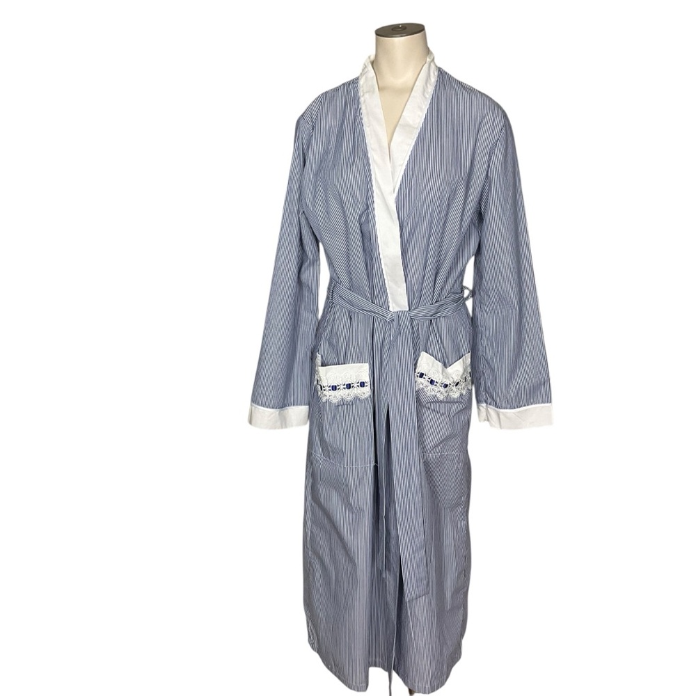 CELESTIAL DREAMS sz Medium Striped Robe Pockets Lace Trim Wrap Tie Blue White